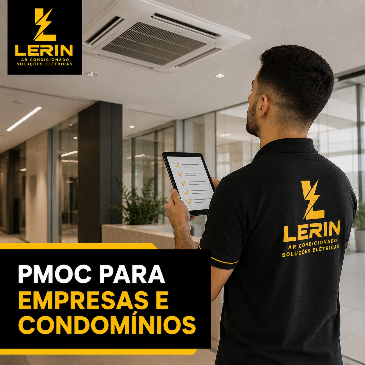 Técnico registrando checklist de PMOC em tablet dentro de um prédio comercial