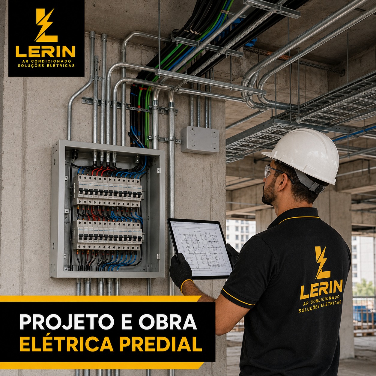 Engenheiro conferindo projeto elétrico predial ao lado de quadros e eletrocalhas