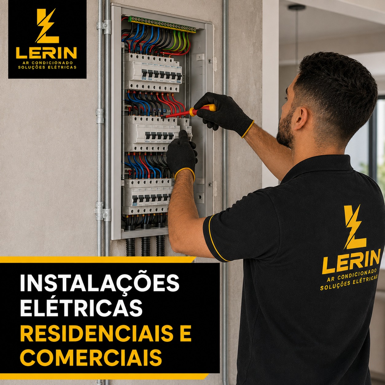 Eletricista da Lerin trabalhando em quadro de distribuição residencial