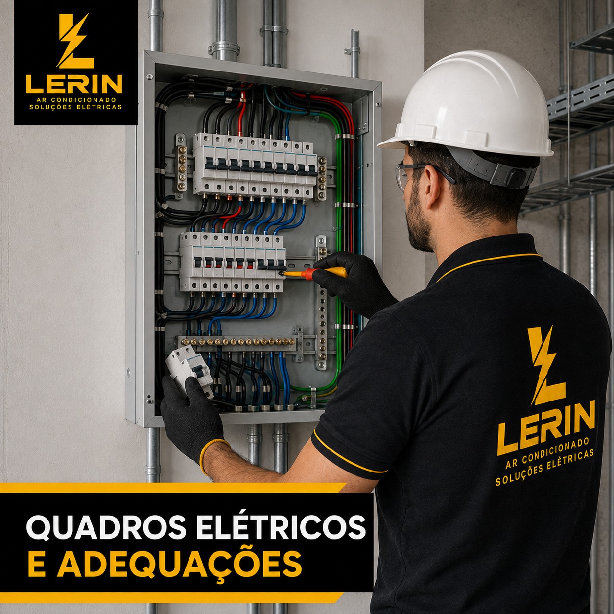 Eletricista montando e organizando um quadro elétrico com disjuntores