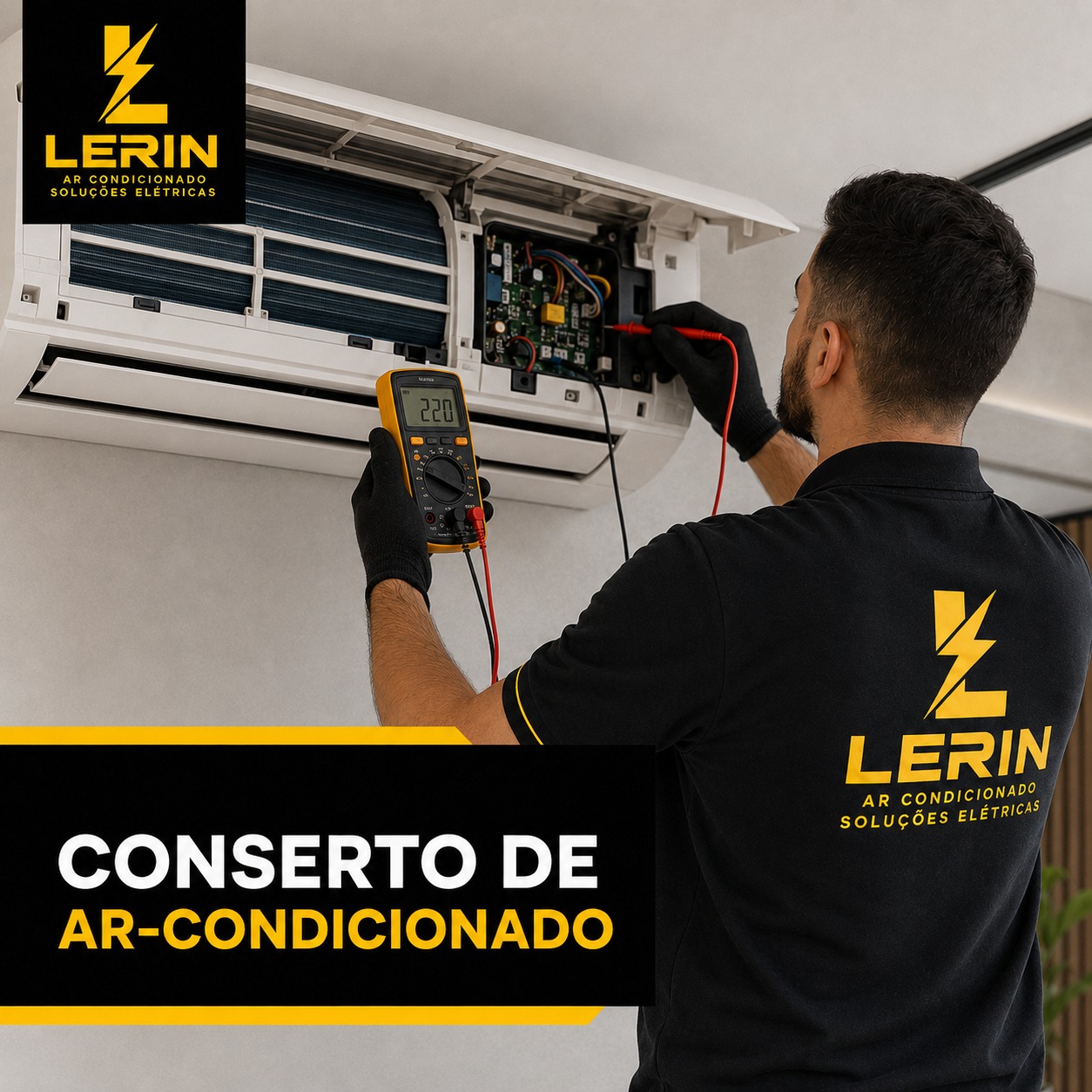 Técnico medindo tensão na placa eletrônica de um ar-condicionado